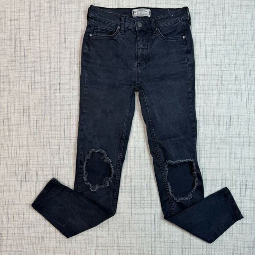 Free People High Rise Busted Black Distressed Skinny Jeans Size 25